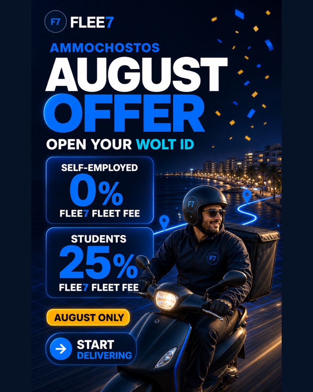 FLEE7 Ammoxostos August WOLT courier promotion artwork