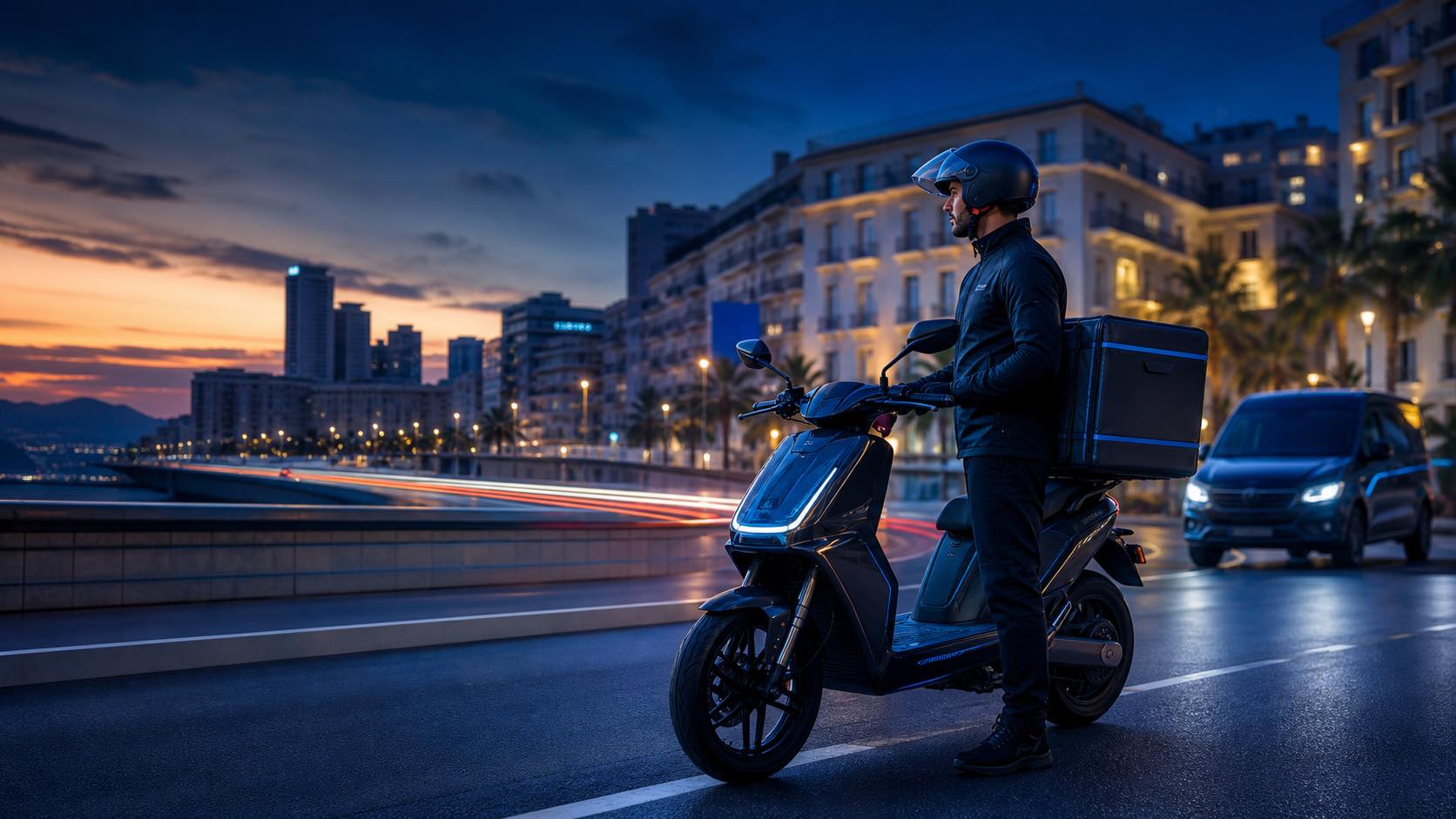 A delivery rider with a scooter on a city street at dusk